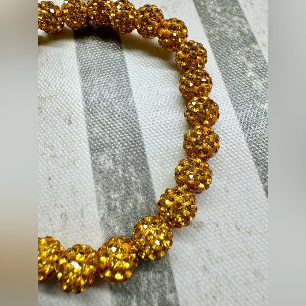 New Rustic MINI Gold Tone Crystal Ball 8mm Beaded Cuff Bracelet - 8”